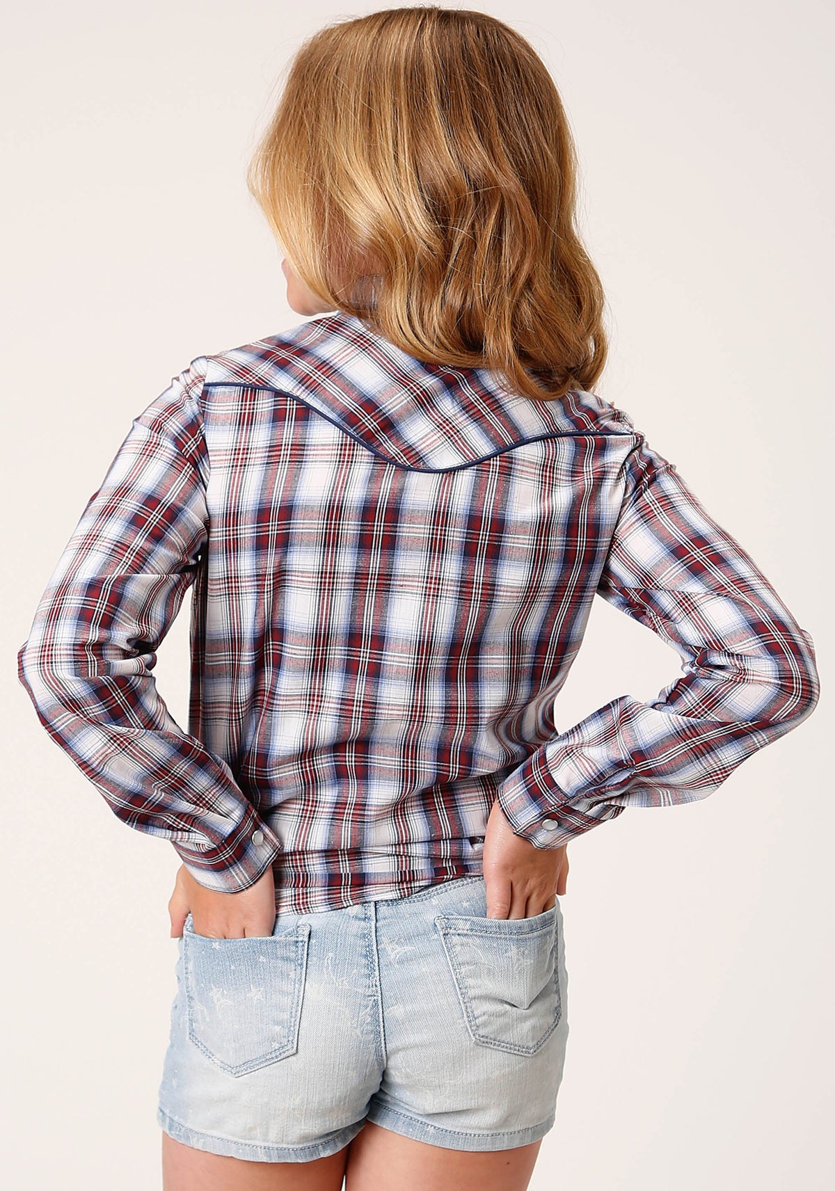 Roper Girls Long Sleeve Snap Wine Navy And White Plaid Western Shirt With Piping Contrast Yokes And Applique