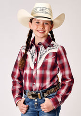 Roper Girls Long Sleeve Snap Red Plaid Western Shirt With Fancy Curved Yokes Applique On Front Yoke