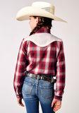 Roper Girls Long Sleeve Snap Red Plaid Western Shirt With Fancy Curved Yokes Applique On Front Yoke