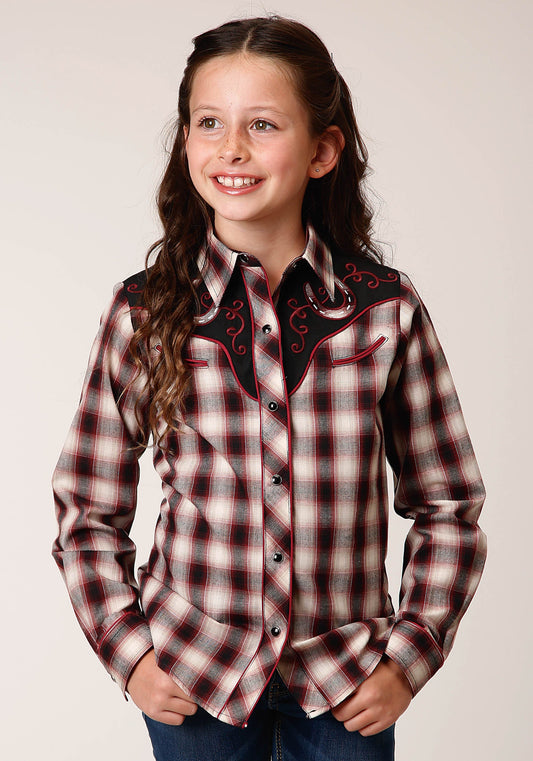 Roper Girls Long Sleeve Snap Wine Black Cream Plaid Western Shirt With Piping And Applique On Yokes