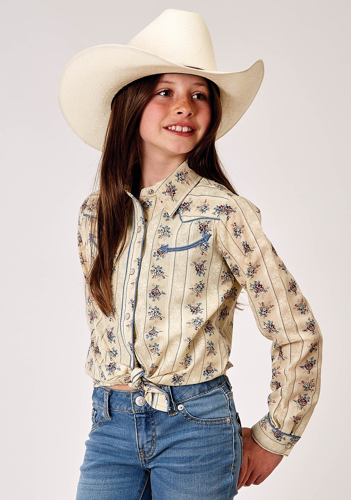 Roper Girls Long Sleeve Snap Floral Stripe Western Shirt With Solid Piping On Front And Back Yokes Smile Pockets