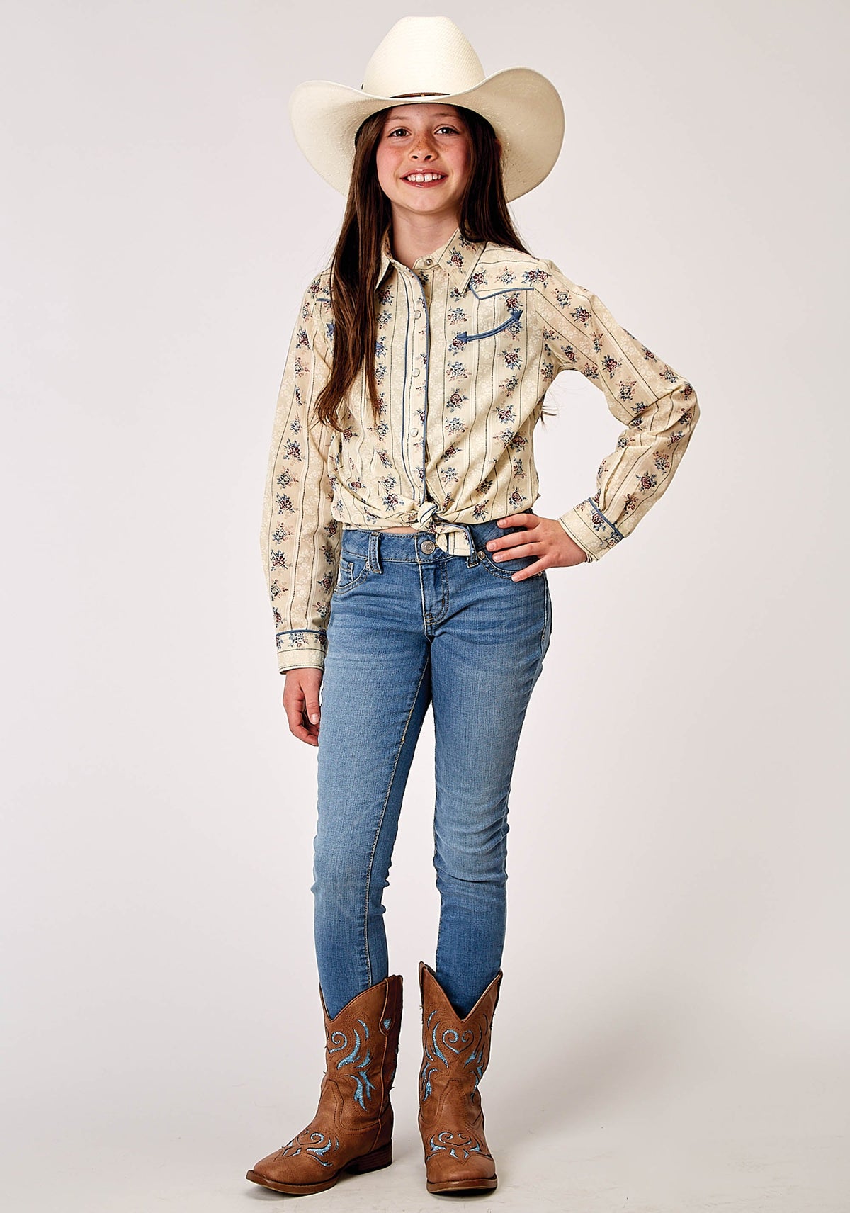 Roper Girls Long Sleeve Snap Floral Stripe Western Shirt With Solid Piping On Front And Back Yokes Smile Pockets