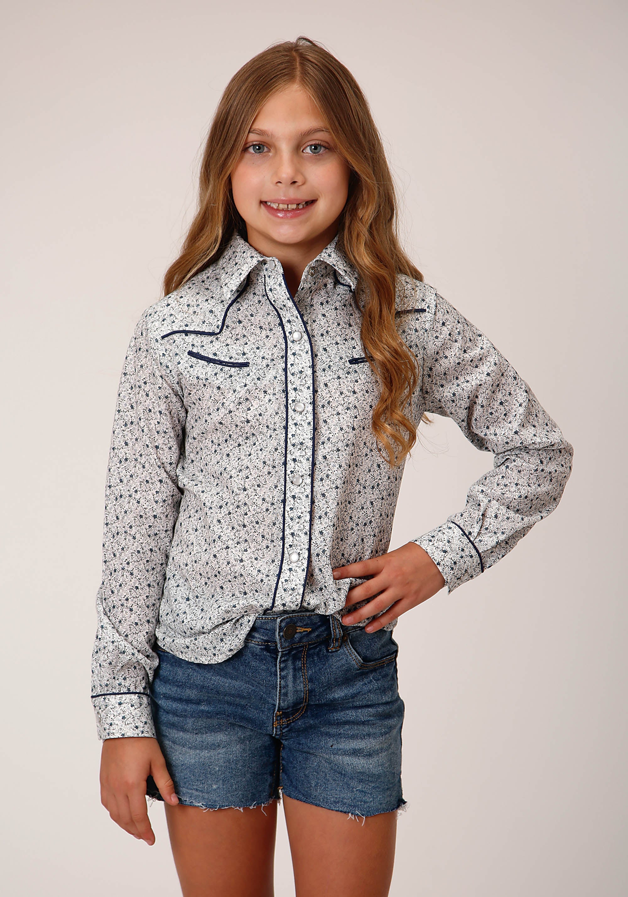 Roper Girls Long Sleeve Snap Multi Blue Mini Floral Print Western Shirt With Smile Pockets Solid Piping