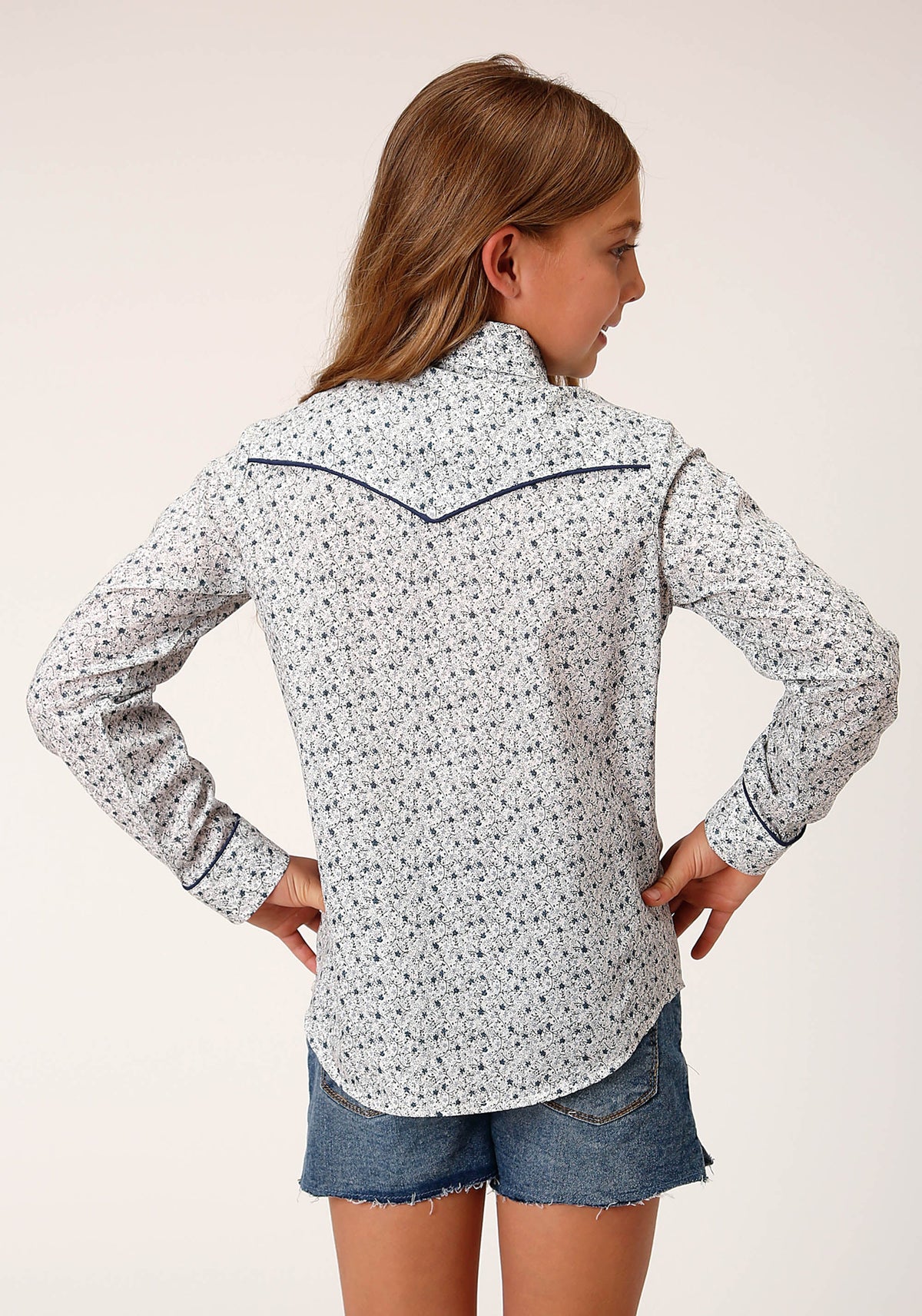 Roper Girls Long Sleeve Snap Multi Blue Mini Floral Print Western Shirt With Smile Pockets Solid Piping