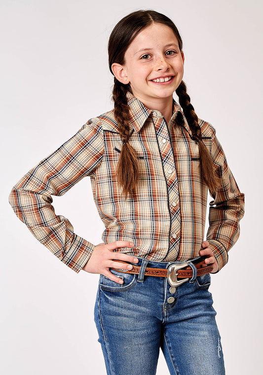 Roper Girls Long Sleeve Snap Brown Plaid Western Shirt With Solid Piping On Front And Back Yokes Smile Pockets