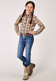 Roper Girls Long Sleeve Snap Brown Plaid Western Shirt With Solid Piping On Front And Back Yokes Smile Pockets