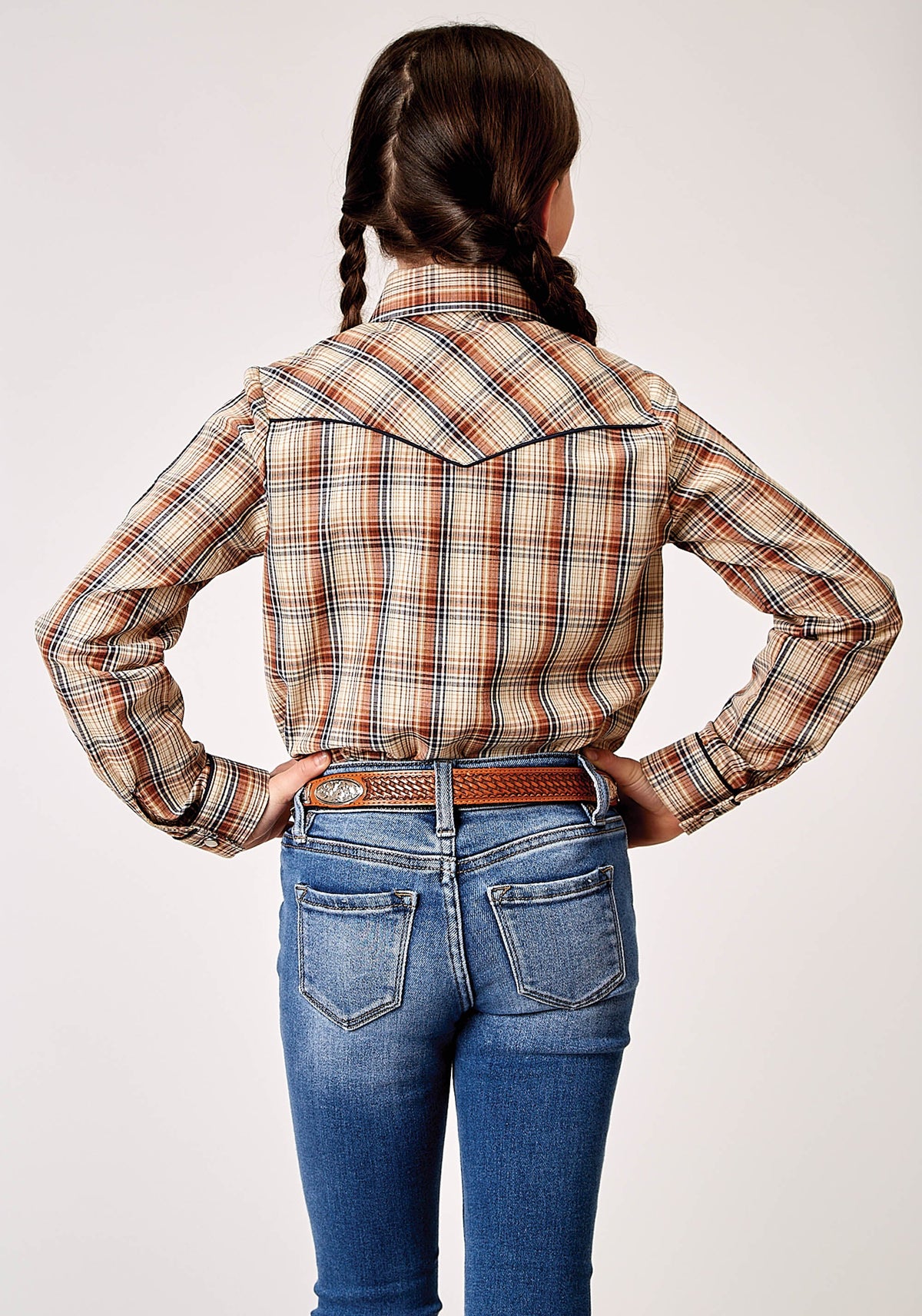 Roper Girls Long Sleeve Snap Brown Plaid Western Shirt With Solid Piping On Front And Back Yokes Smile Pockets