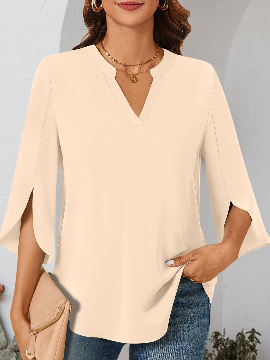 Notched Slit Half Sleeve Blouse Trendsi