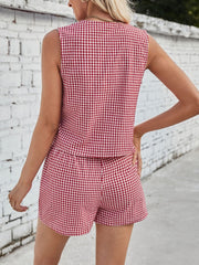 Lovelet Tied Plaid V-Neck Vest and Shorts Set - Trendsi