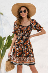 Printed Square Neck Short Sleeve Dress - Flyclothing LLC