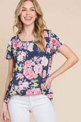 BOMBOM Floral Round Neck Short Sleeve T-Shirt - Trendsi