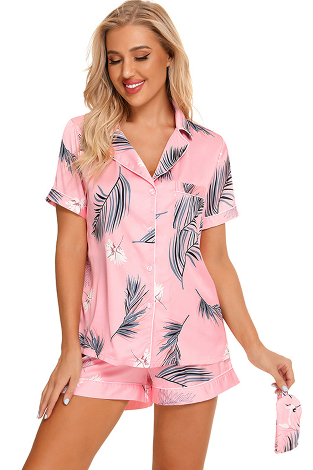 Printed Button Up Short Sleeve Top and Shorts Lounge Set - Flyclothing LLC