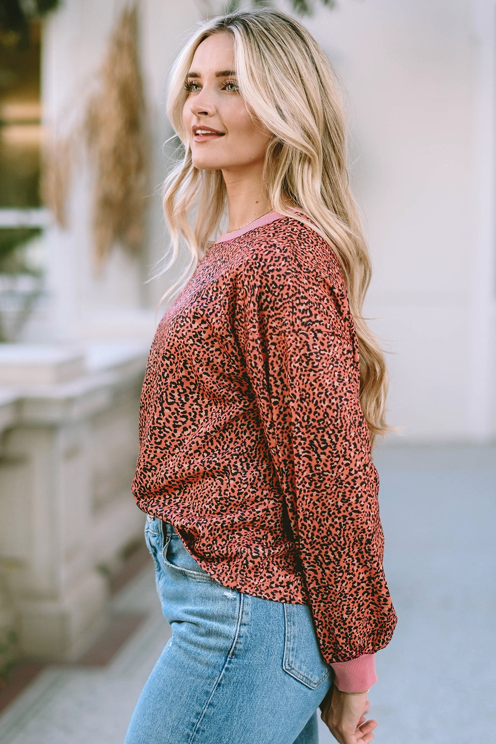 Leopard Round Neck Long Sleeve Sweatshirt - Flyclothing LLC