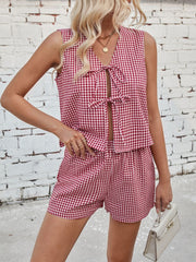 Lovelet Tied Plaid V-Neck Vest and Shorts Set - Trendsi