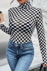 Checkered Turtleneck Long Sleeve Bodysuit - Trendsi