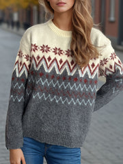 Chevron Contrast Round Neck Long Sleeve Sweater - Trendsi