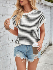 Lovelet Striped Round Neck Cap Sleeve Sweater