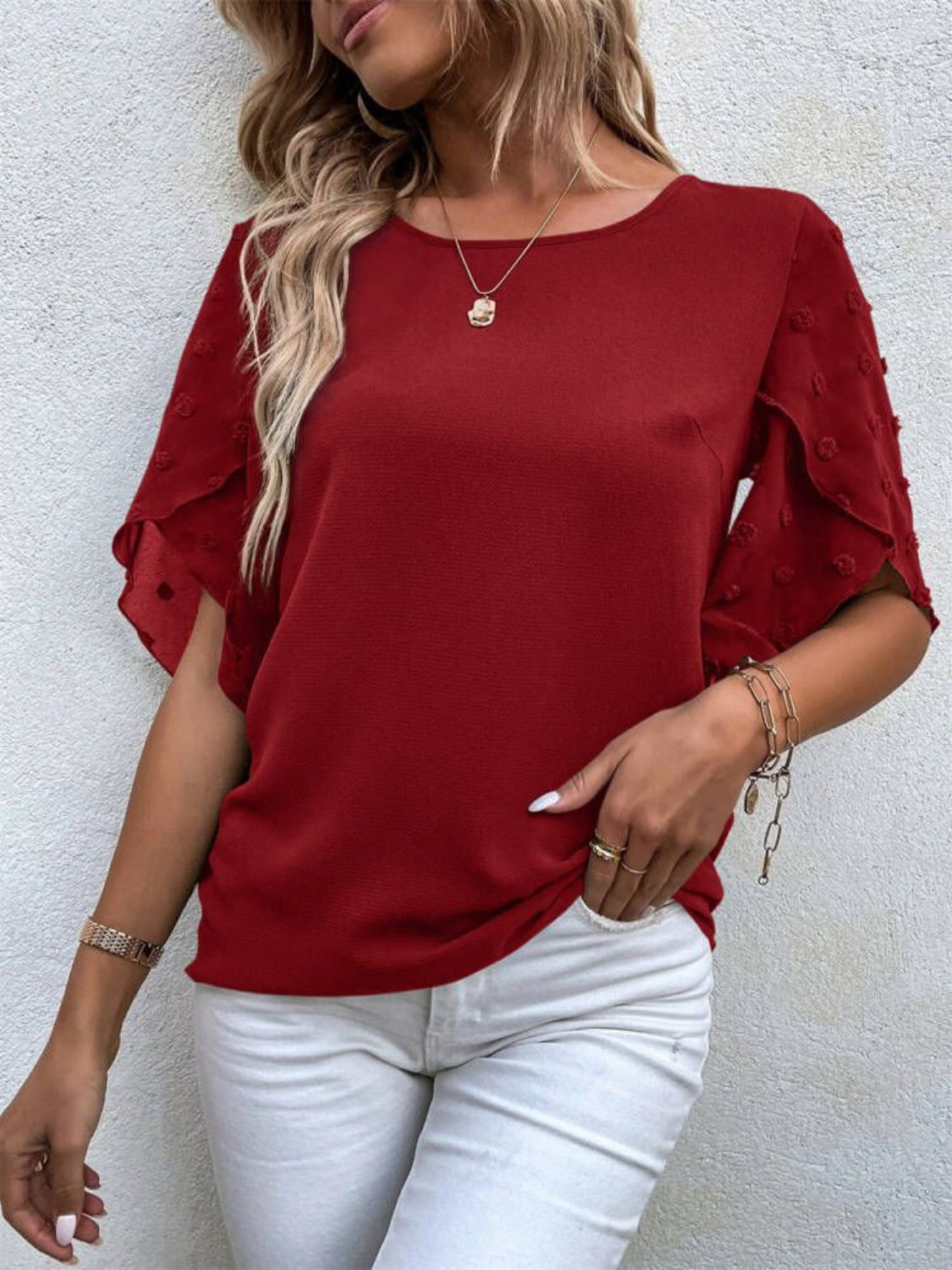 Swiss Dot Round Neck Half Sleeve Blouse Trendsi