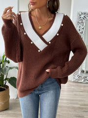 Contrast Trim Dropped Shoulder Long Sleeve Sweater - Trendsi