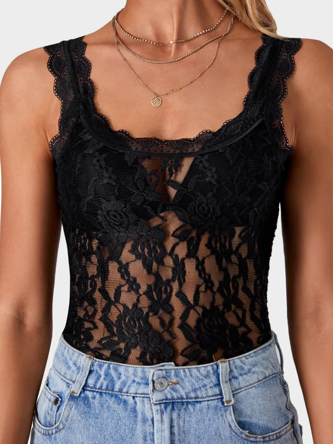 Lace Scoop Neck Tank - Trendsi