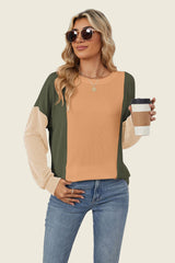 Double Take Texture Contrast Round Neck Long Sleeve T-Shirt