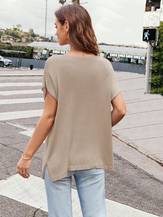 Notched Short Sleeve Knit Top Trendsi