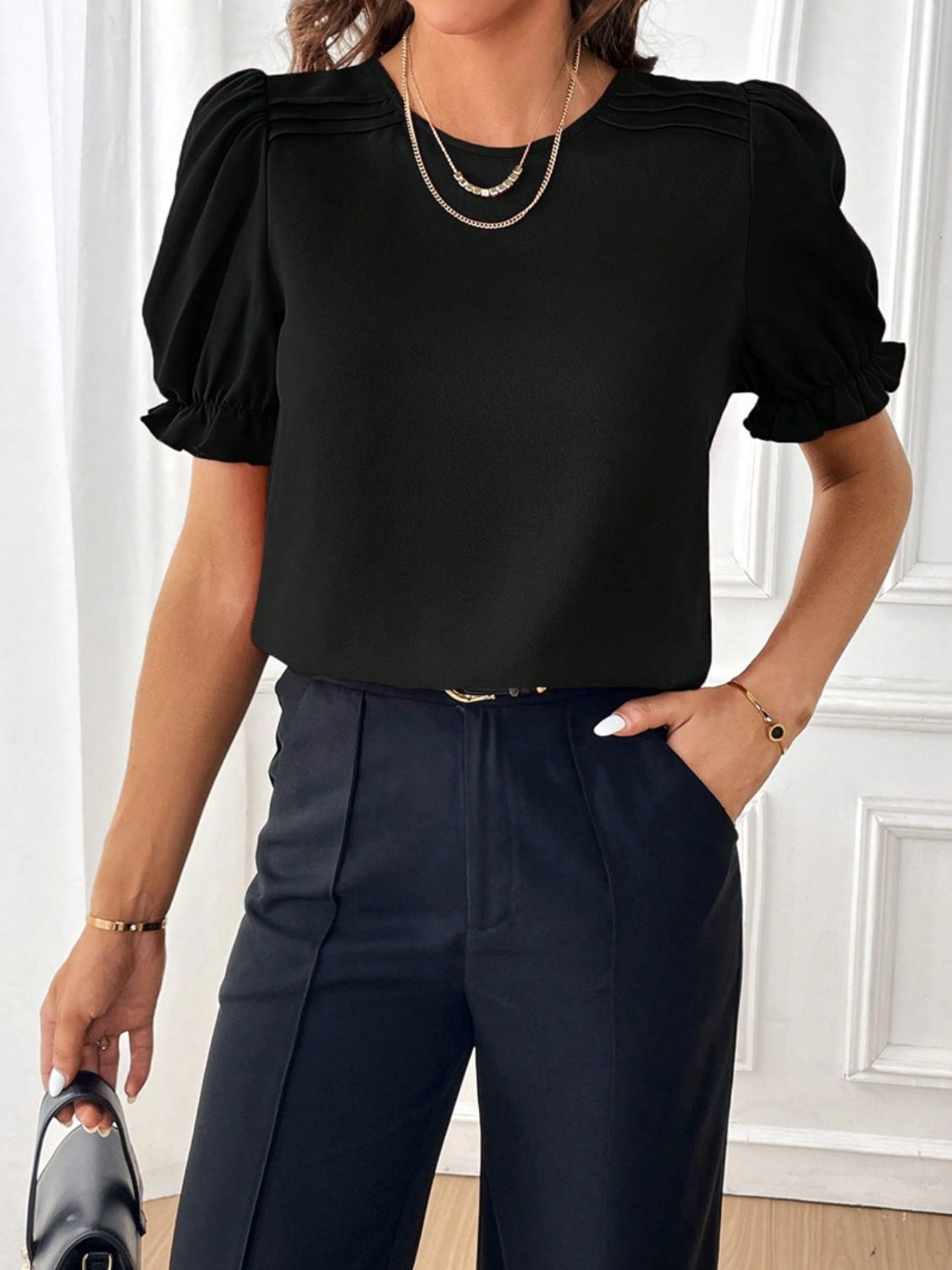 Round Neck Flounce Sleeve Blouse - Flyclothing LLC