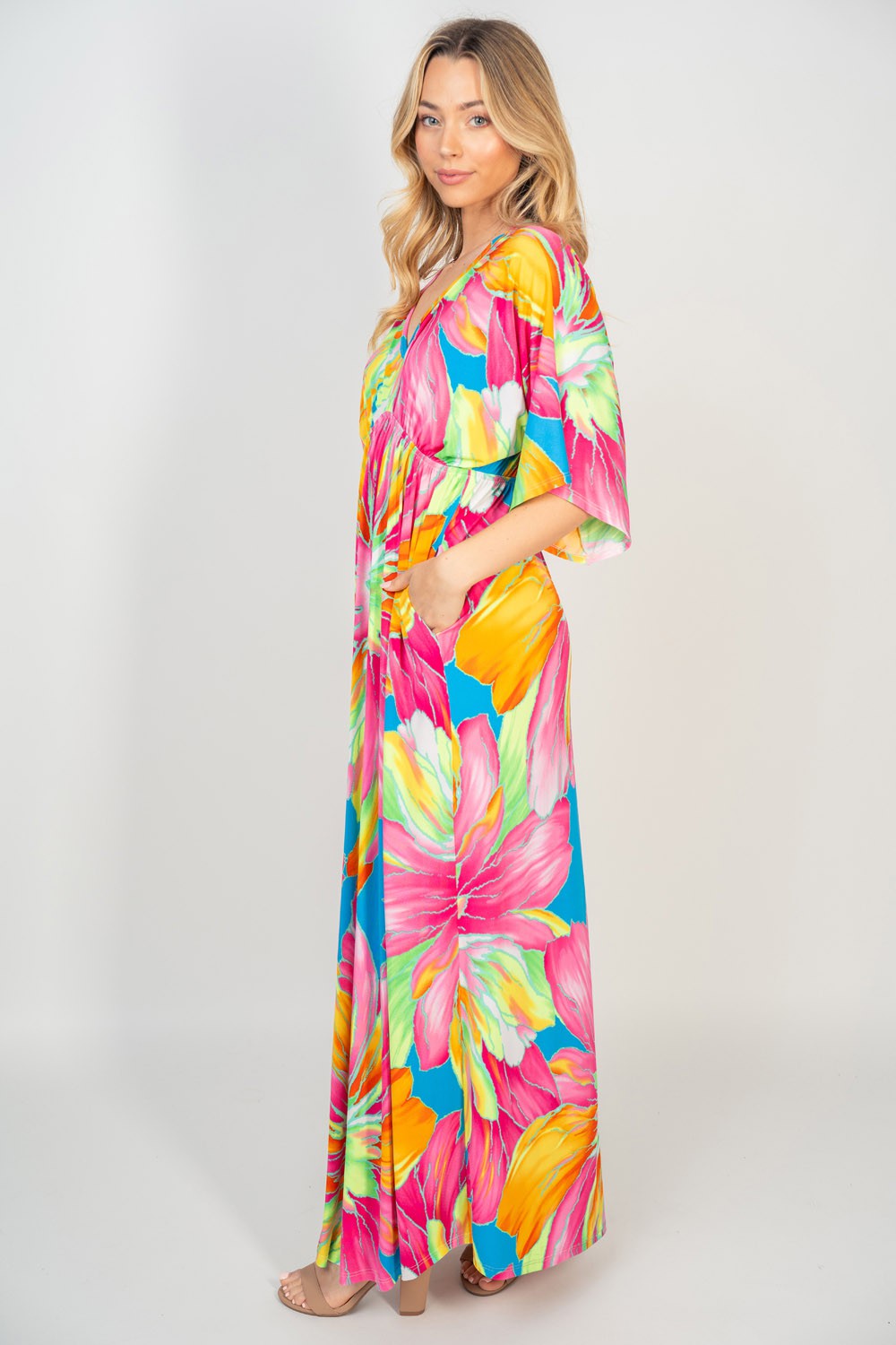 White Birch Printed V-Neck Maxi Dress with Pockets - Flyclothing LLC