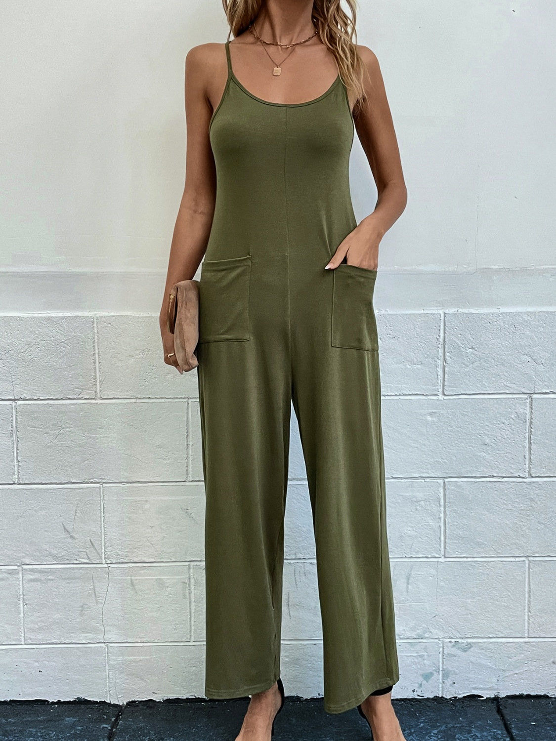 Pocketed Spaghetti Strap Wide Leg Jumpsuit - Flyclothing LLC