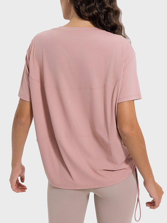 Drawstring Round Neck Short Sleeve Active T-Shirt Trendsi