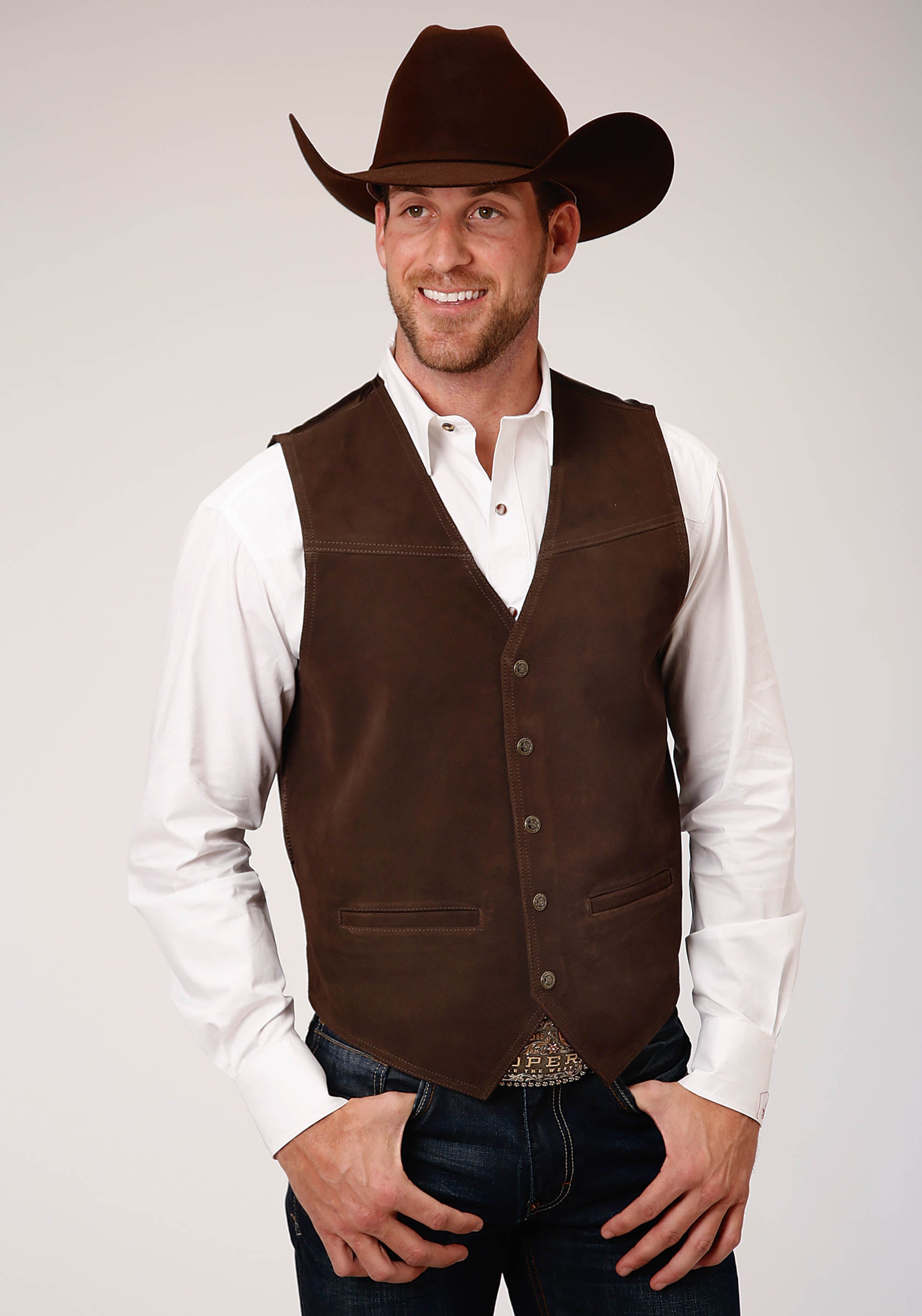 Roper Mens Brown Suede Leather Vest With Buckle Tie