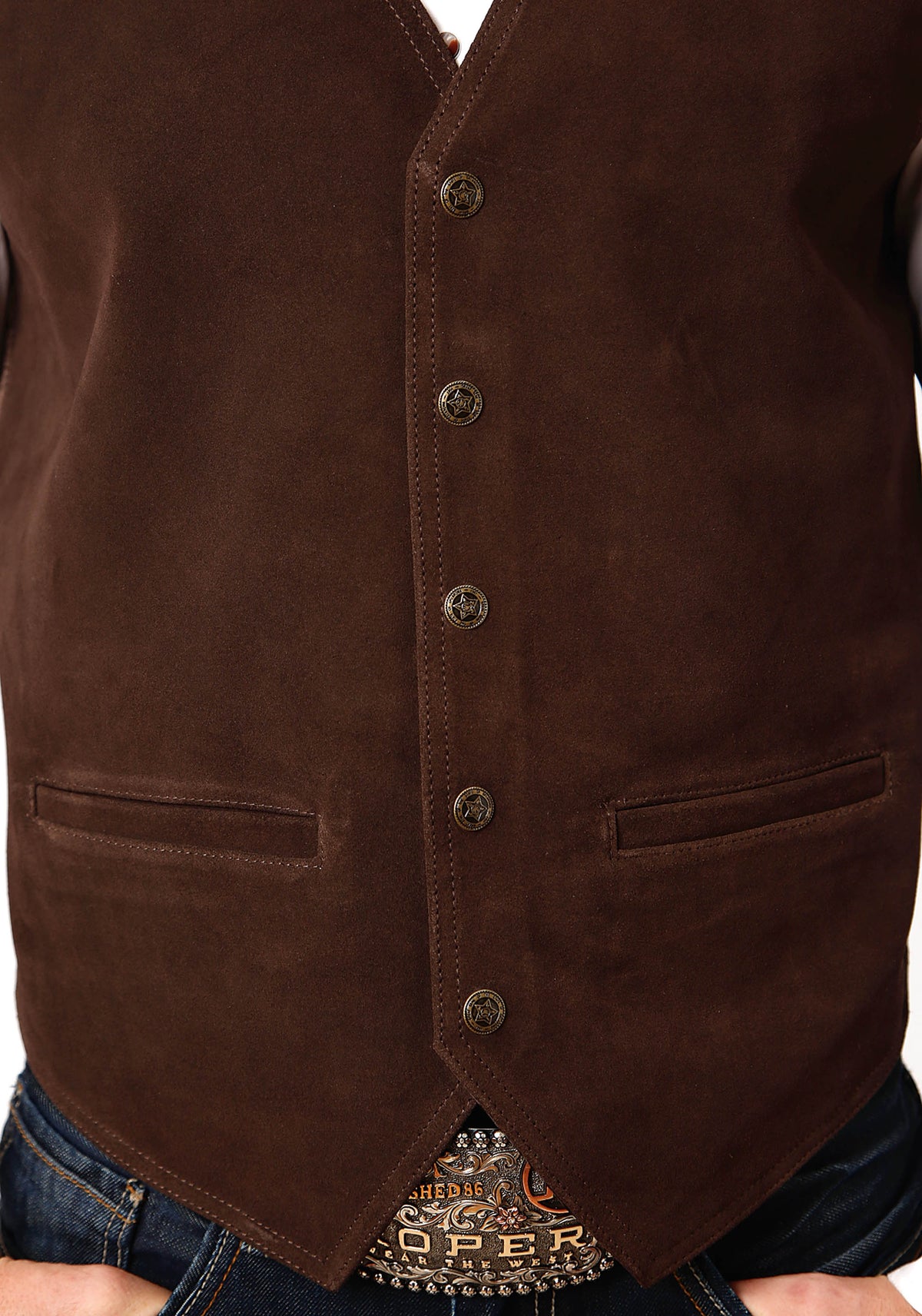 Roper Mens Brown Suede Leather Vest With Buckle Tie