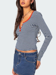 Buttoned Striped Long Sleeve T-Shirt - Trendsi