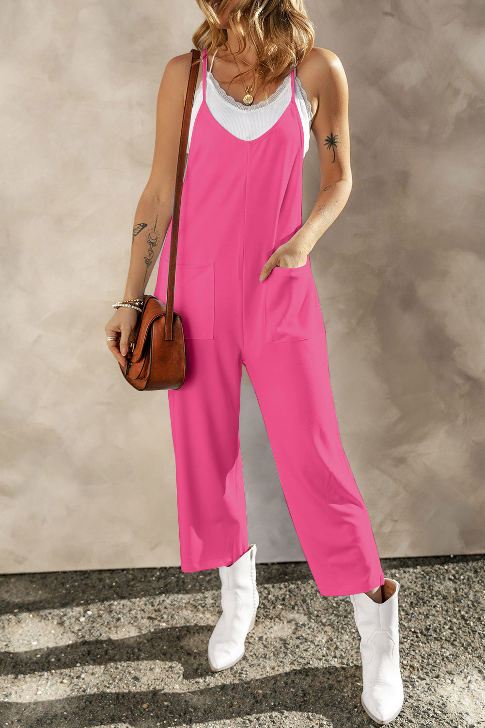 Pocketed Spaghetti Strap Wide Leg Jumpsuit - Flyclothing LLC