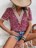 Full Size Printed V-Neck Short Sleeve Blouse - Flyclothing LLC