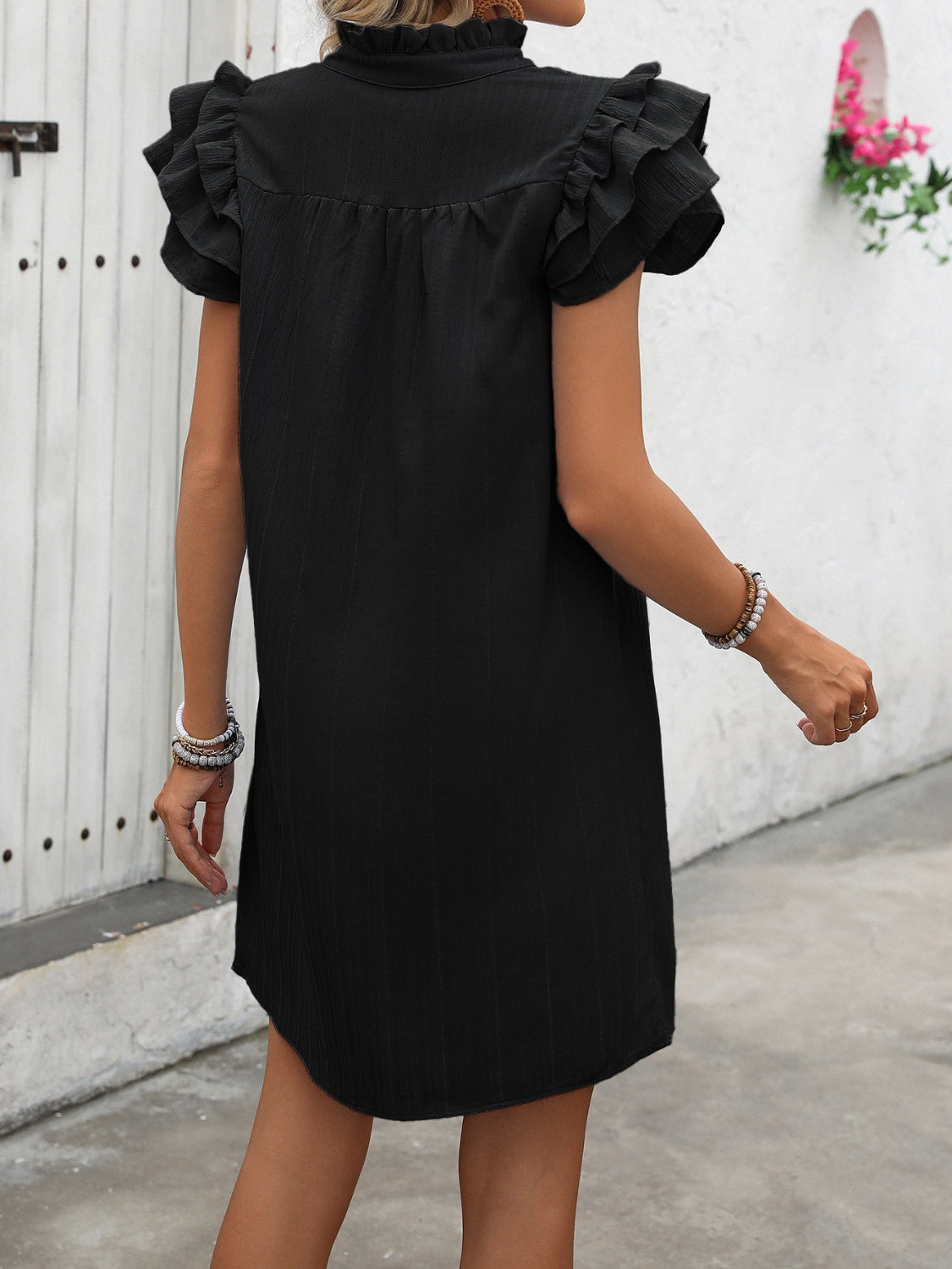 Ruffled Notched Cap Sleeve Mini Dress Trendsi