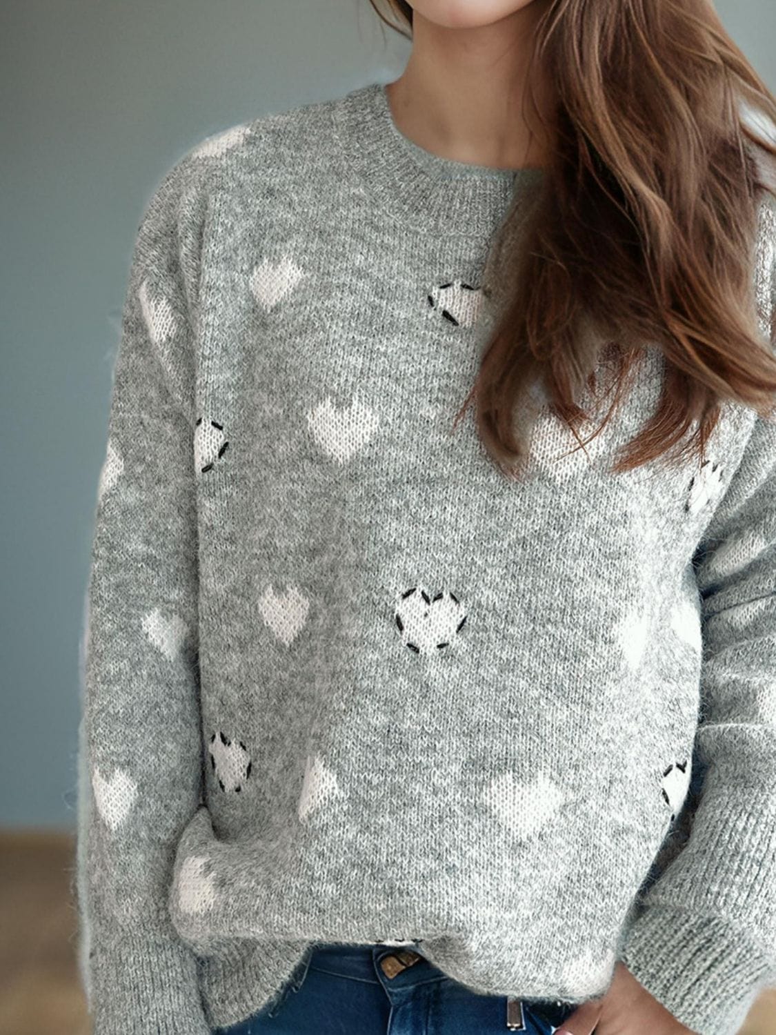 Heart Round Neck Long Sleeve Sweater - Trendsi