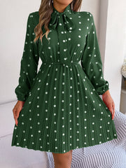 Polka Dot Tie Neck Pleated Dress - Flyclothing LLC