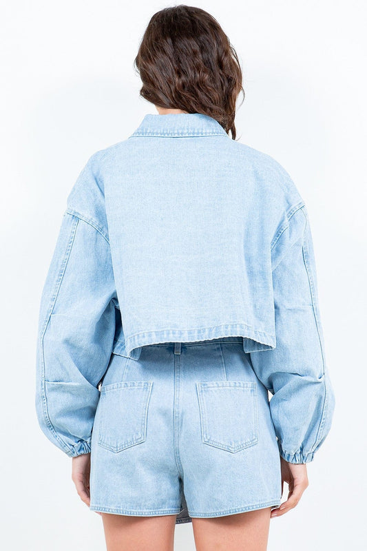 American Bazi Drawstring Waist Crop Denim Jacket - Trendsi