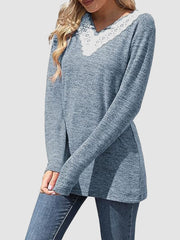 Lace Detail V-Neck Long Sleeve T-Shirt - Trendsi