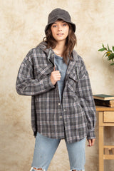 Drawstring Plaid Long Sleeve Hooded Jacket - Trendsi