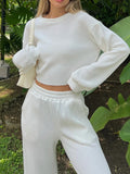 Waffle-Knit Round Neck Top and Pants Set Trendsi