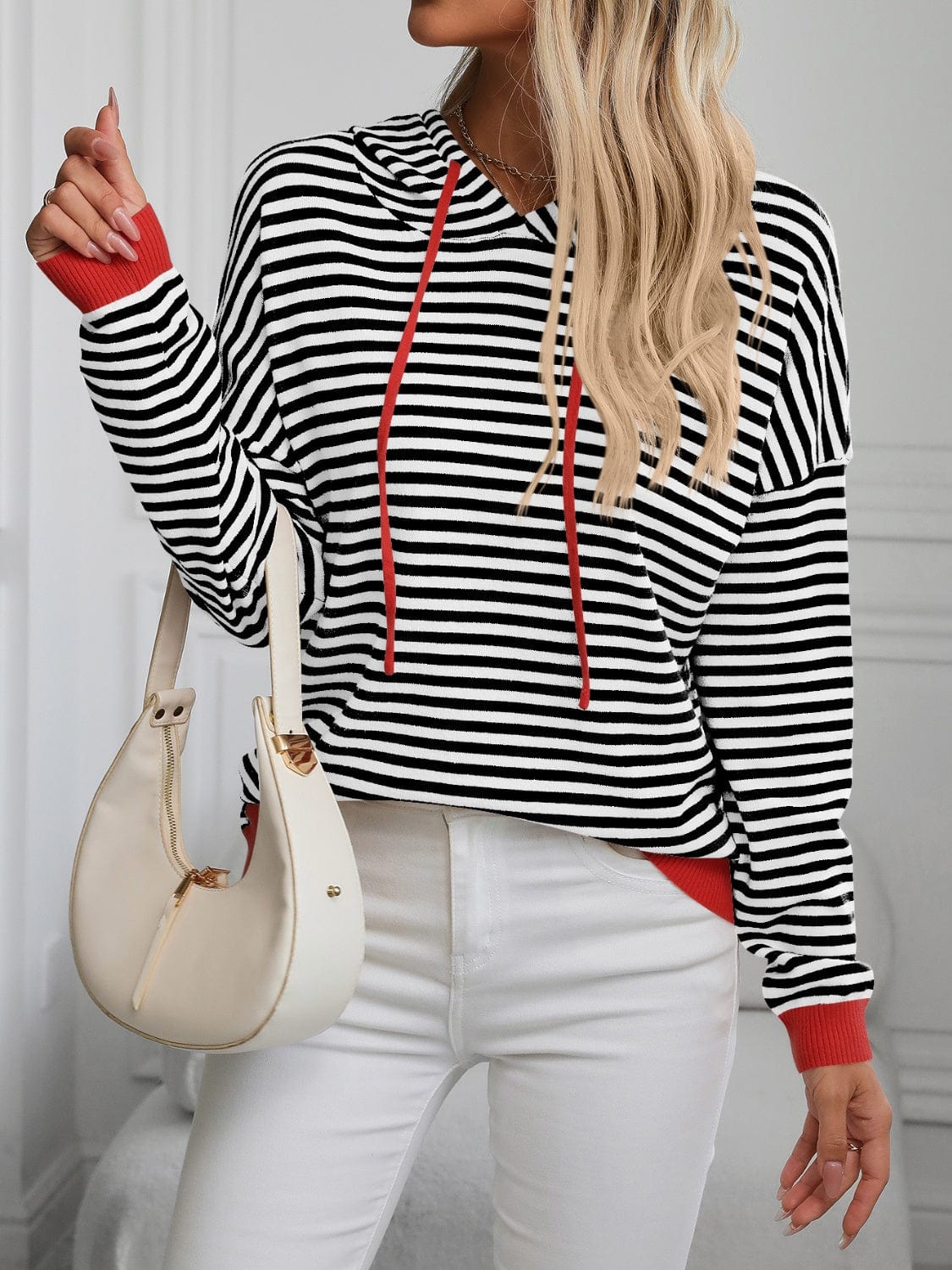 Mandy Striped Long Sleeve Hooded Knit Top - Trendsi