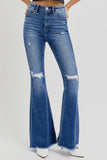 RISEN Full Size High Rise Distressed Raw Hem Flare Jeans - Trendsi