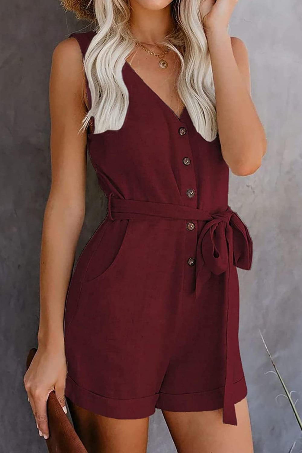 Full Size Tied V-Neck Sleeveless Romper with Pockets - Trendsi