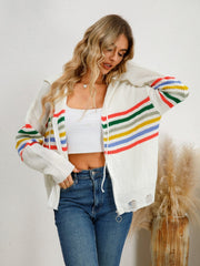 Drawstring Striped Dropped Shoulder Hooded Cardigan - Trendsi