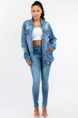 American Bazi Full Size Button Up Distressed Denim Jacket - Trendsi