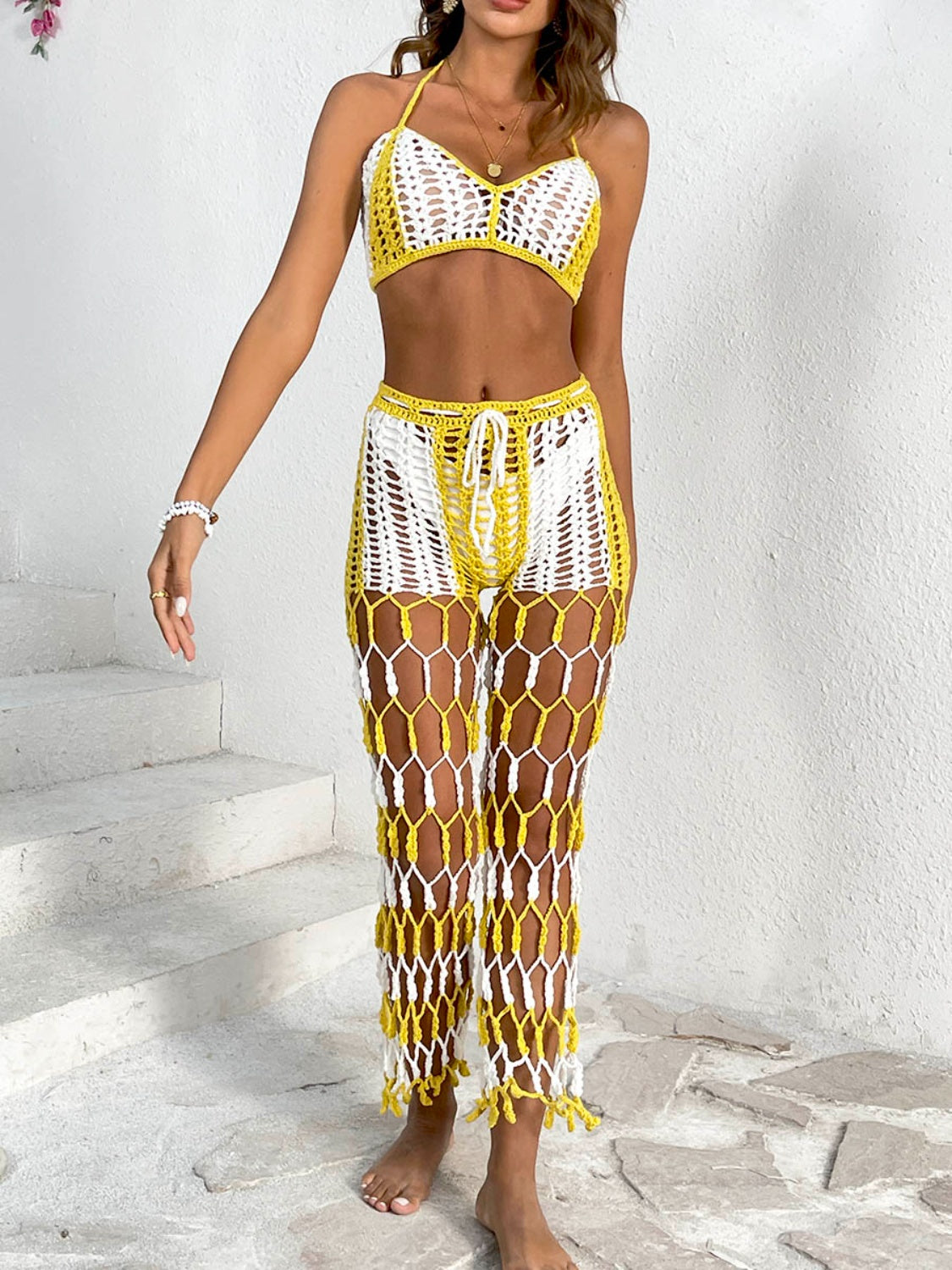 Cutout Halter Neck Top and Pants Two-Piece Swim Set - Flyclothing LLC