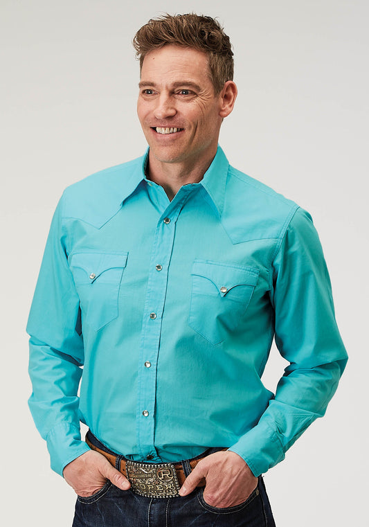 Roper Mens Long Sleeve Snap Solid Poplin Turquoise Western Shirt