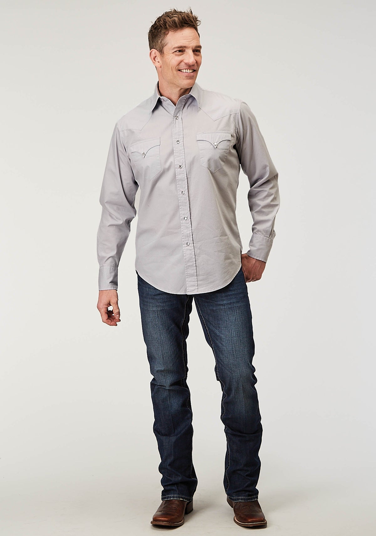 Roper Mens Long Sleeve Snap Solid Poplin Grey Western Shirt